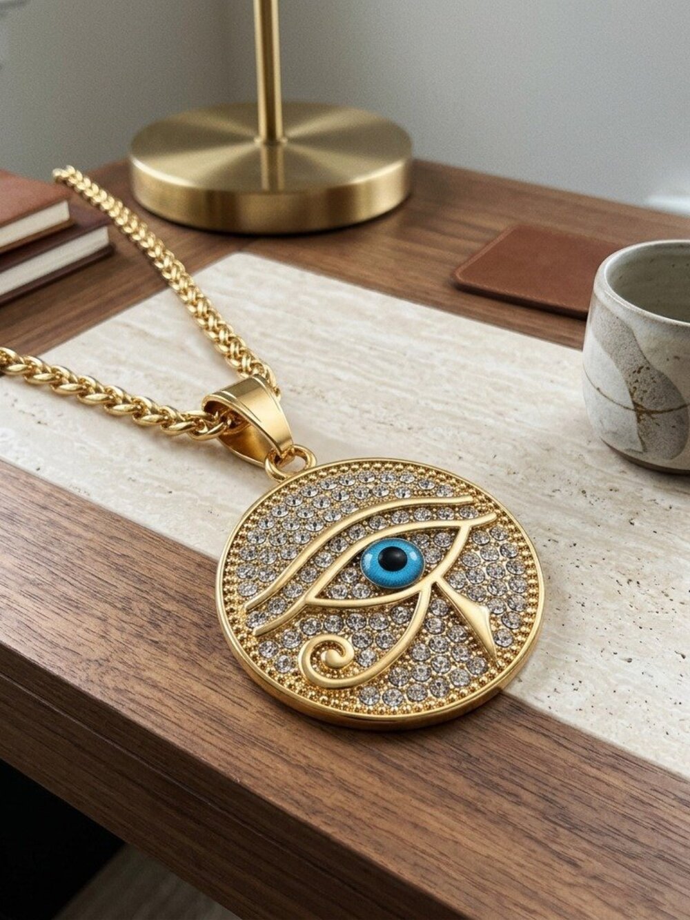 Mens Eye of Horus Necklace Gold Plated Stainless Steel CZ Round Pendant Egyptian